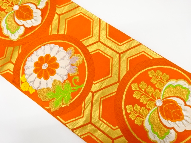 アンティーク　桐に菊・亀甲模様織り出し袋帯（着用可）